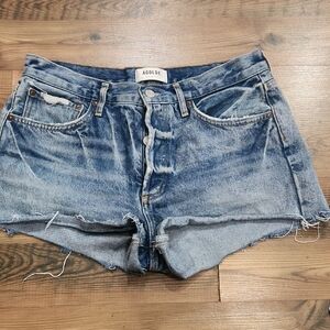 Agolde Button Fly Raw Hem Mid Rise Worn In Denim Boho Flair Shorts 28